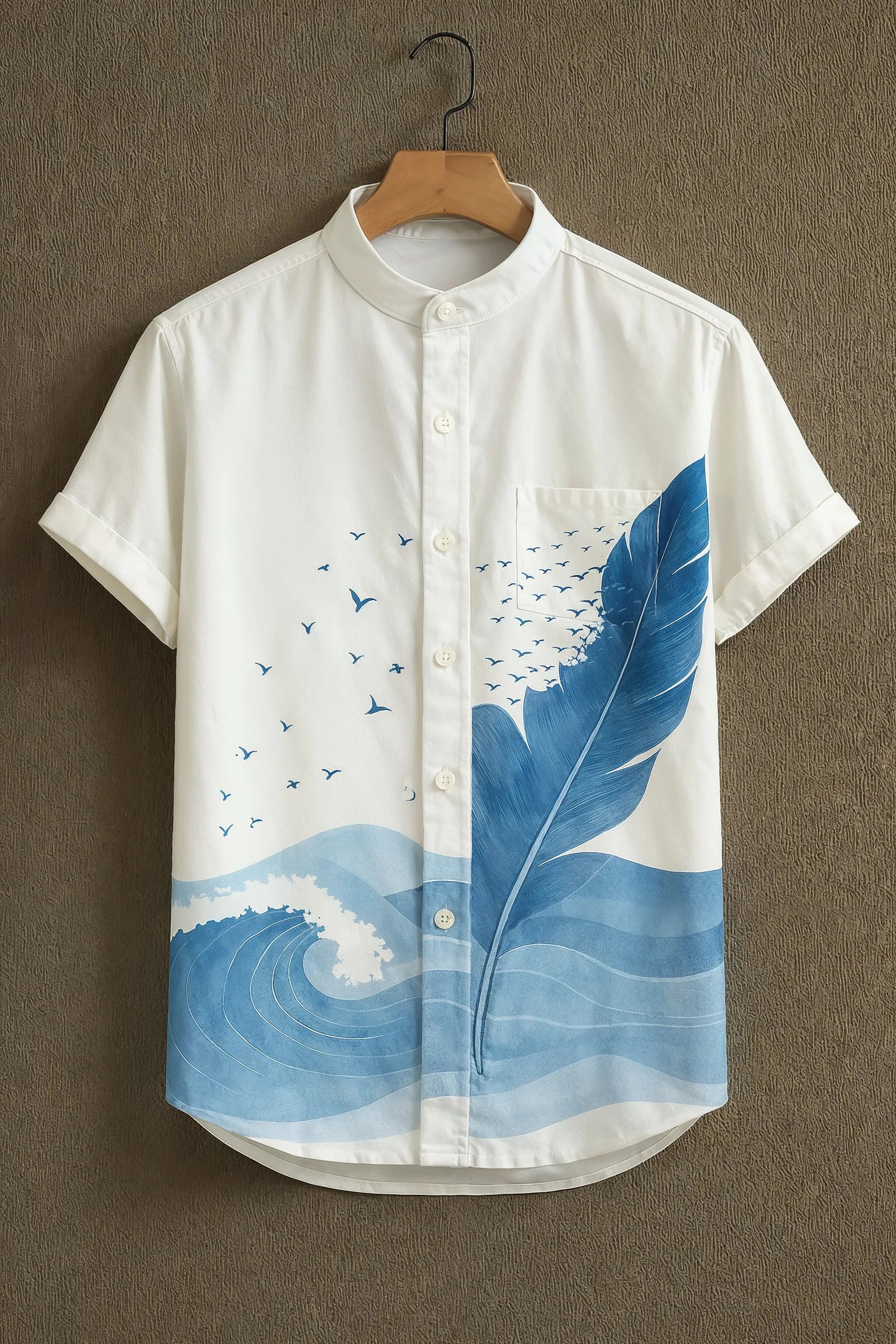 Soulbox White Casual Shirt with Blue Feather & Wave Print