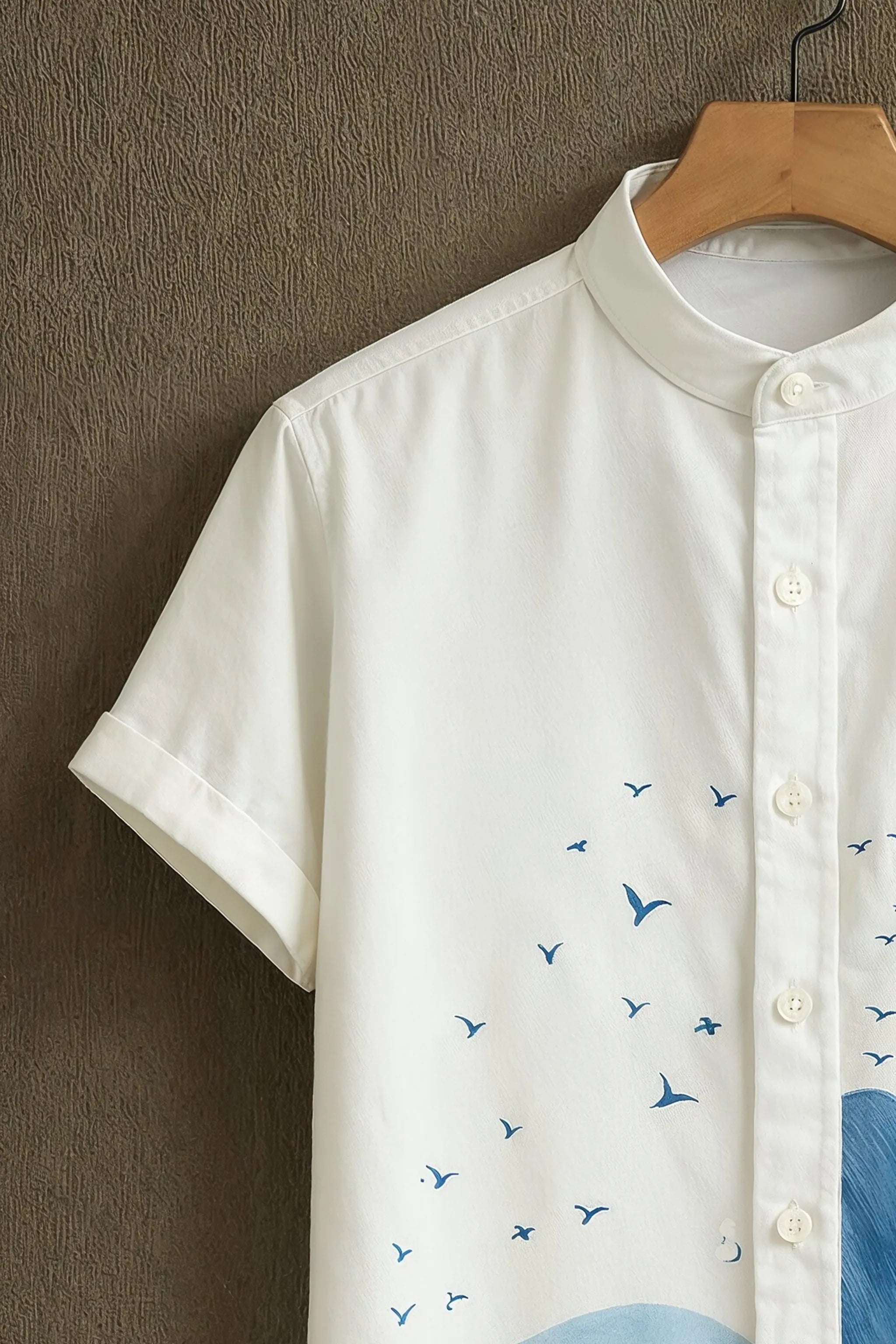 Soulbox White Casual Shirt with Blue Feather & Wave Print