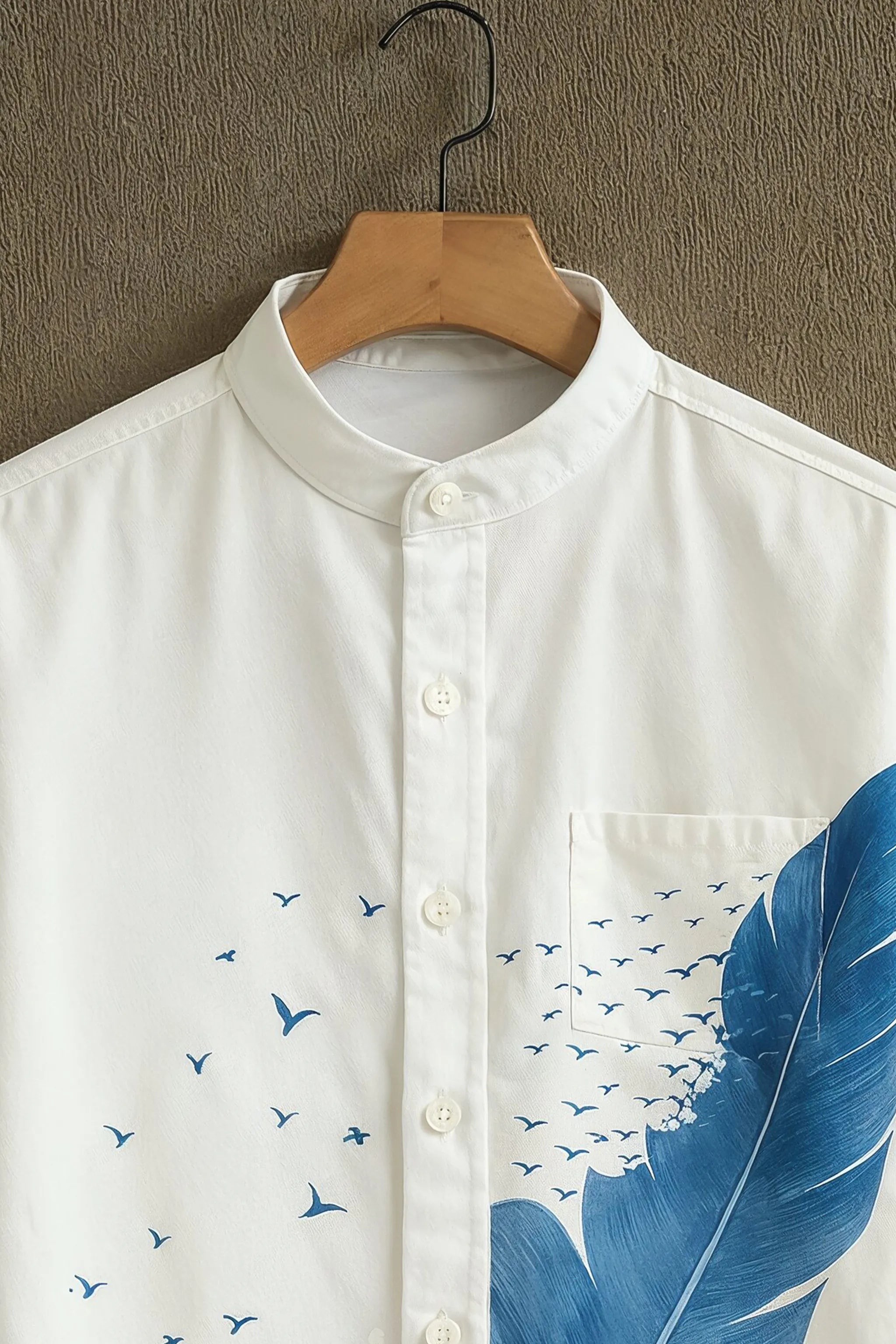 Soulbox White Casual Shirt with Blue Feather & Wave Print
